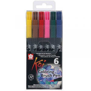 Koi Coloring Brush 6 Cores Básicas - Marcador Artístico à Base de Água com Ponta Brush