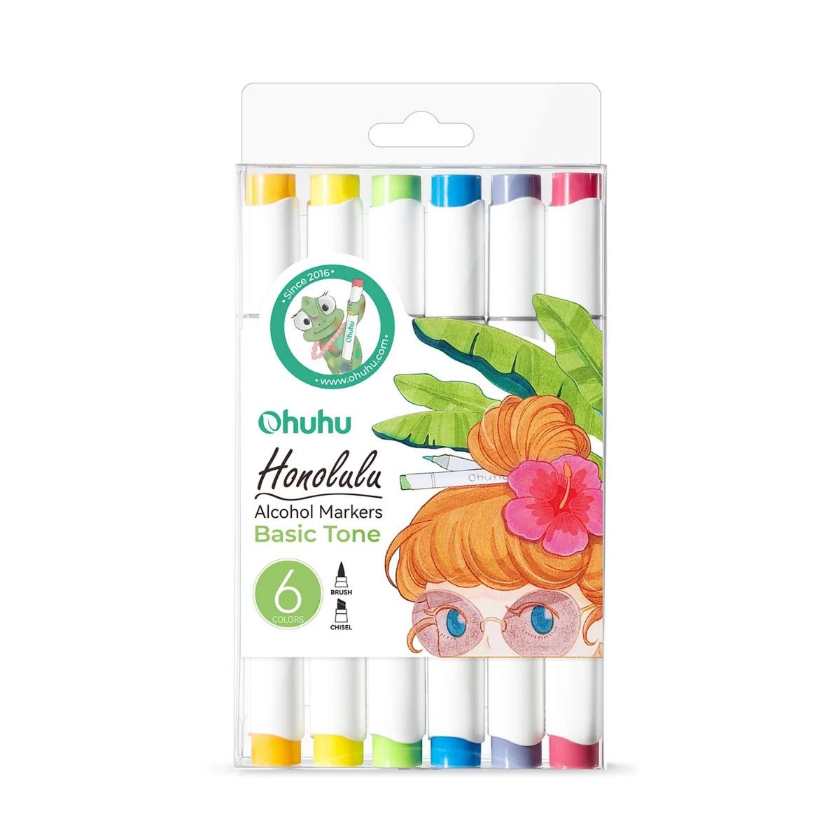 Marcador Ohuhu 6 Cores Básicas - Honolulu - Ponta Brush e
