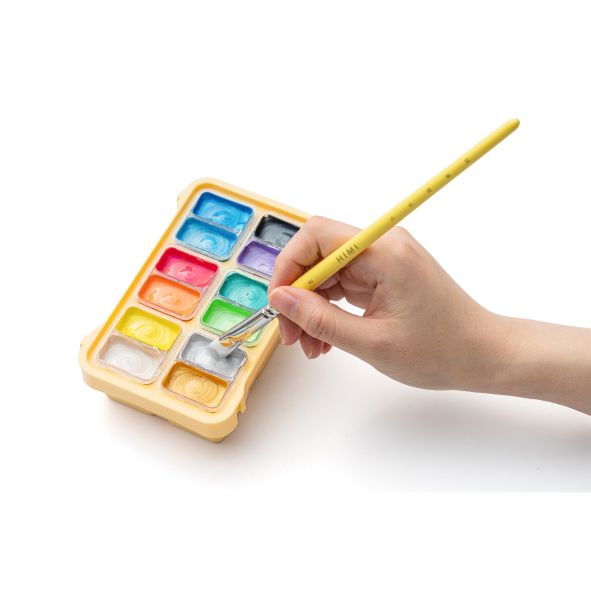 Tinta Guache HIMI 12 Cores Metálicas 12ml – Estojo Amarelo Himi