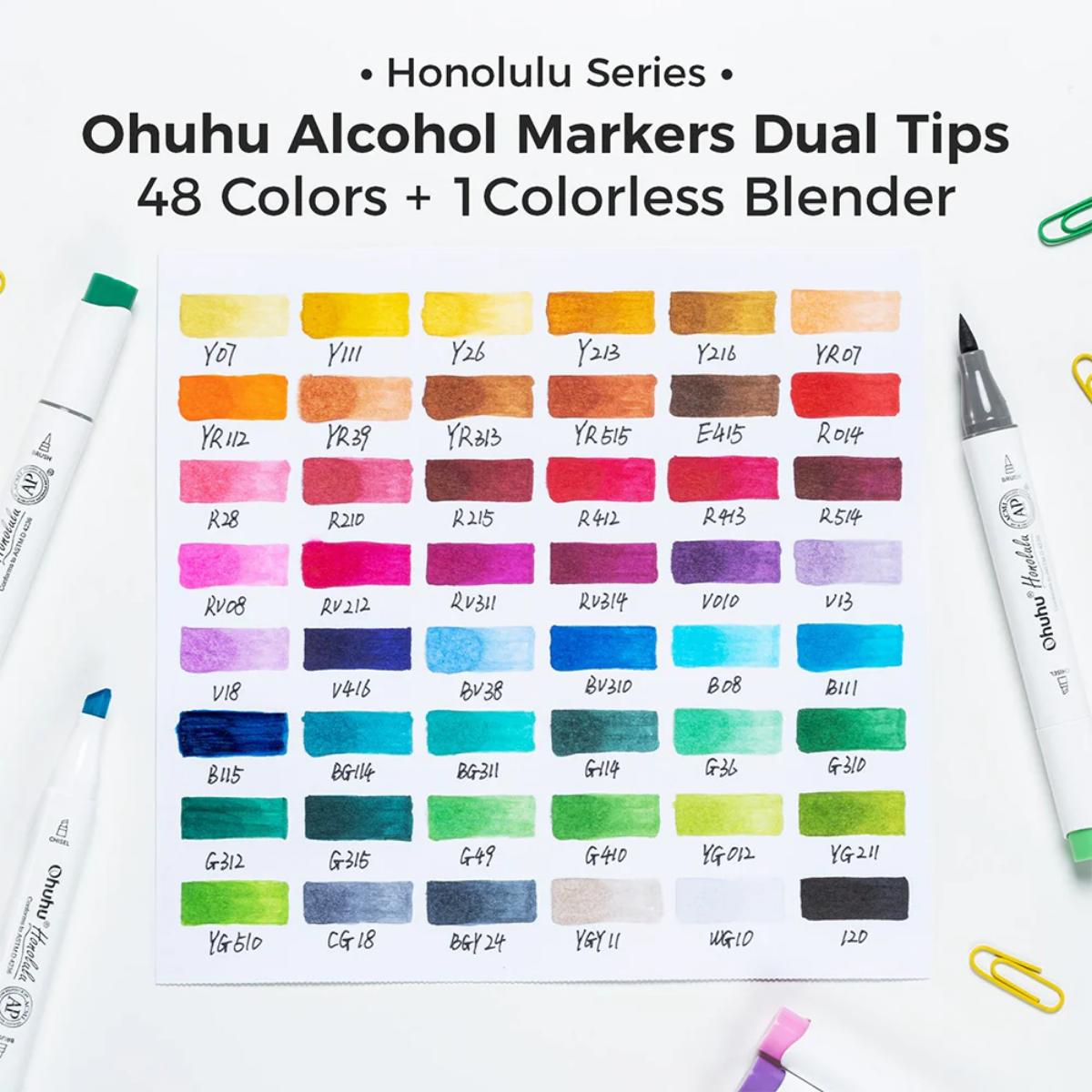 Marcador Ohuhu 48 Cores Clássicas - Honolulu - Ponta Brush e Chanfrada