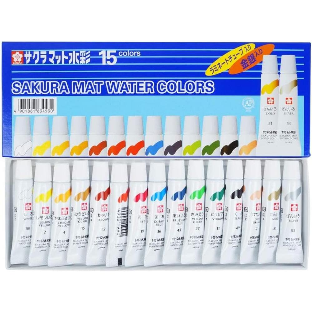 Aquarela Sakura Mat - Aquarela à Base de Água 15 Cores - Uso Profissional EMW-15GS