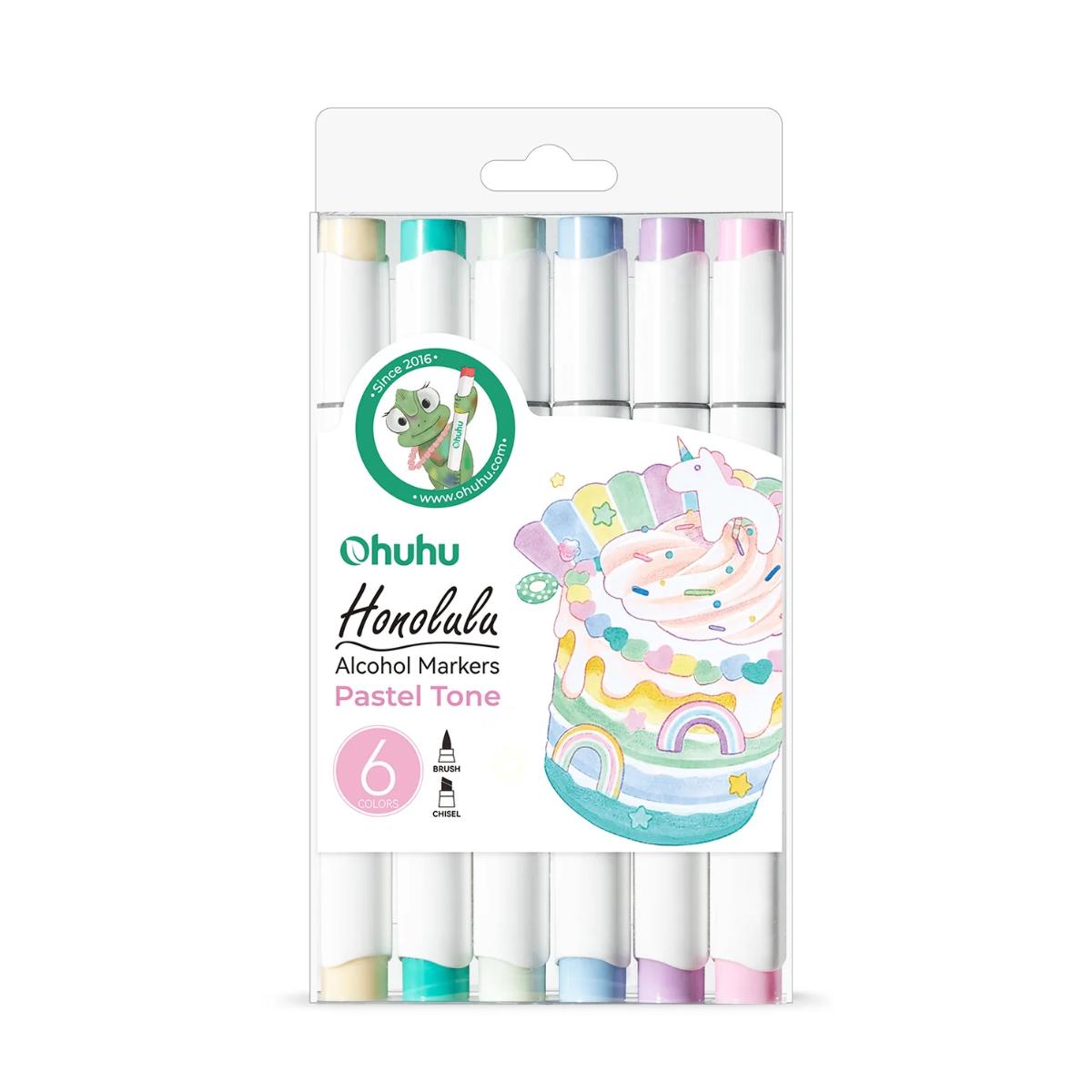 Marcador Ohuhu - 6 Tons Pastel - Honolulu - Ponta Brush e Chanfrada