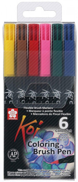 Koi Coloring Brush 6 Cores Básicas - Marcador Artístico  à Base de Água com Ponta Brush