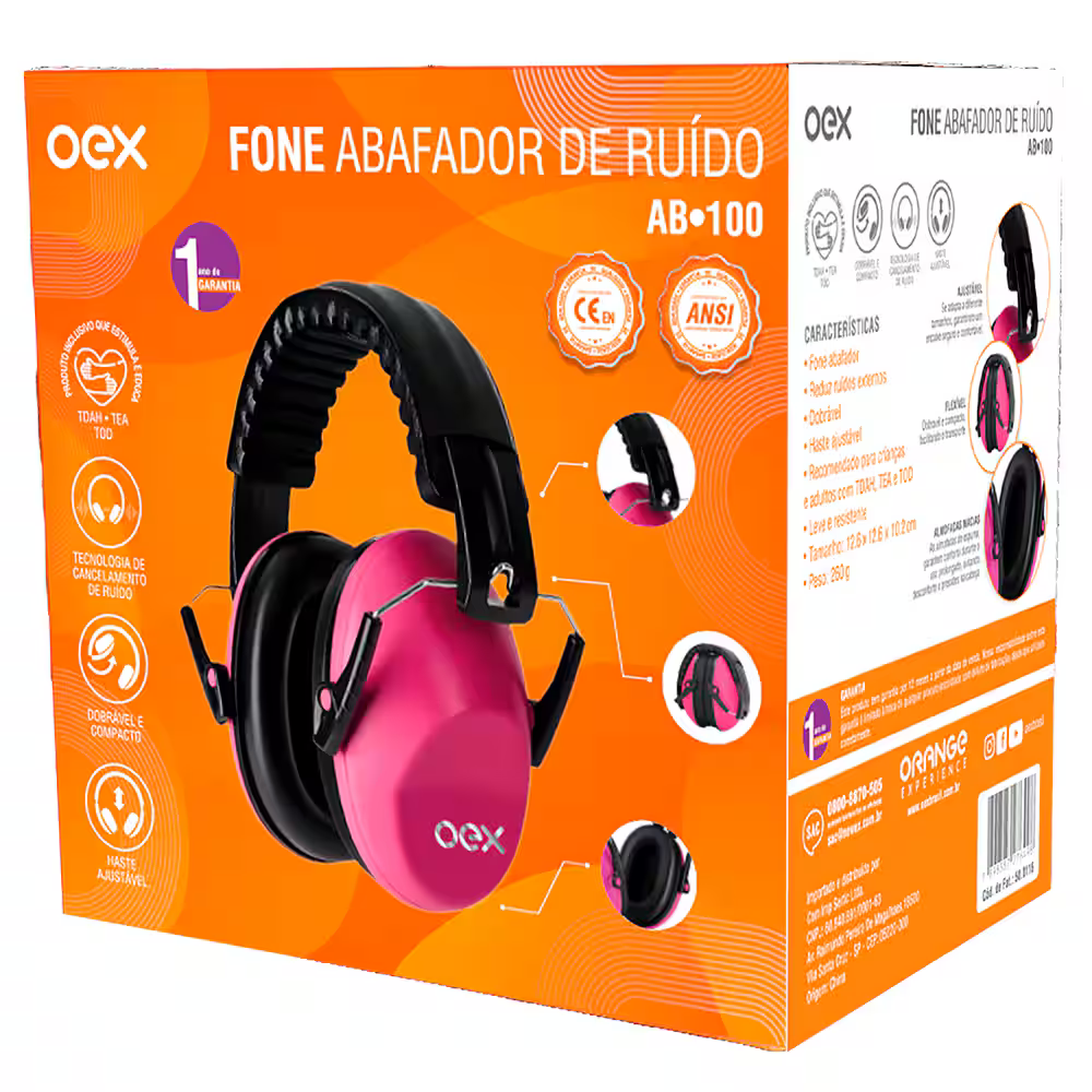 Abafador de Ruido Infantil AB100 - Protetor Auditivo Oex Brasil - Pink Oex