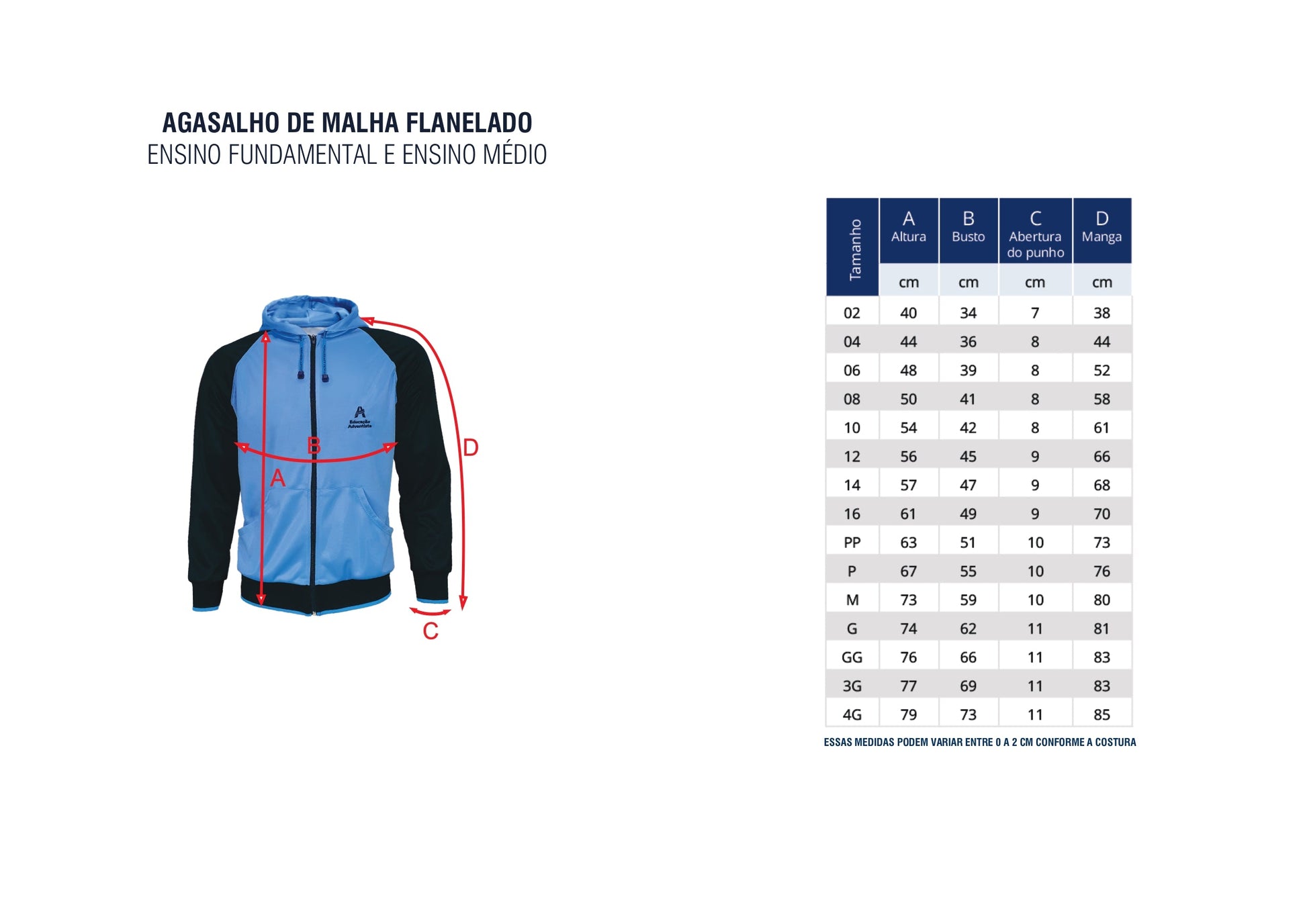 Agasalho de Malha Flanelado - Uniforme Colegio Adventista - Unissex Livraria Skilo