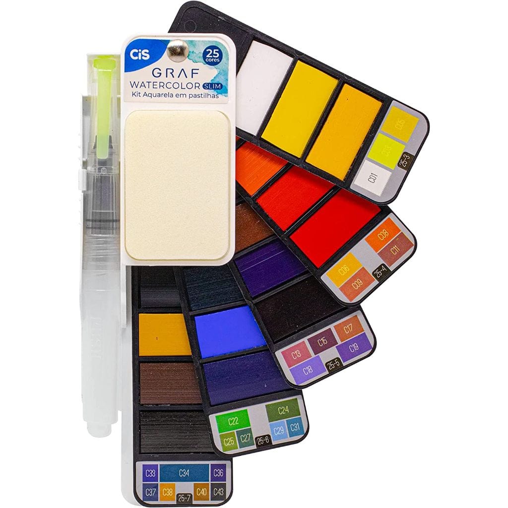 Aquarela em Pastilha Cis Graf - 25 Cores - Estojo Slim Cis Art Graf