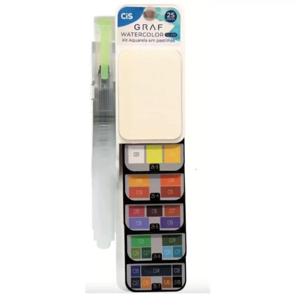 Aquarela em Pastilha Cis Graf - 25 Cores - Estojo Slim Cis Art Graf