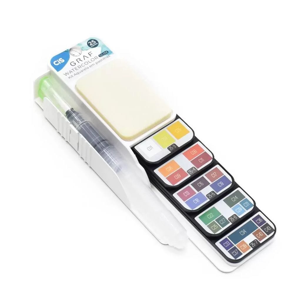Aquarela em Pastilha Cis Graf - 25 Cores - Estojo Slim Cis Art Graf