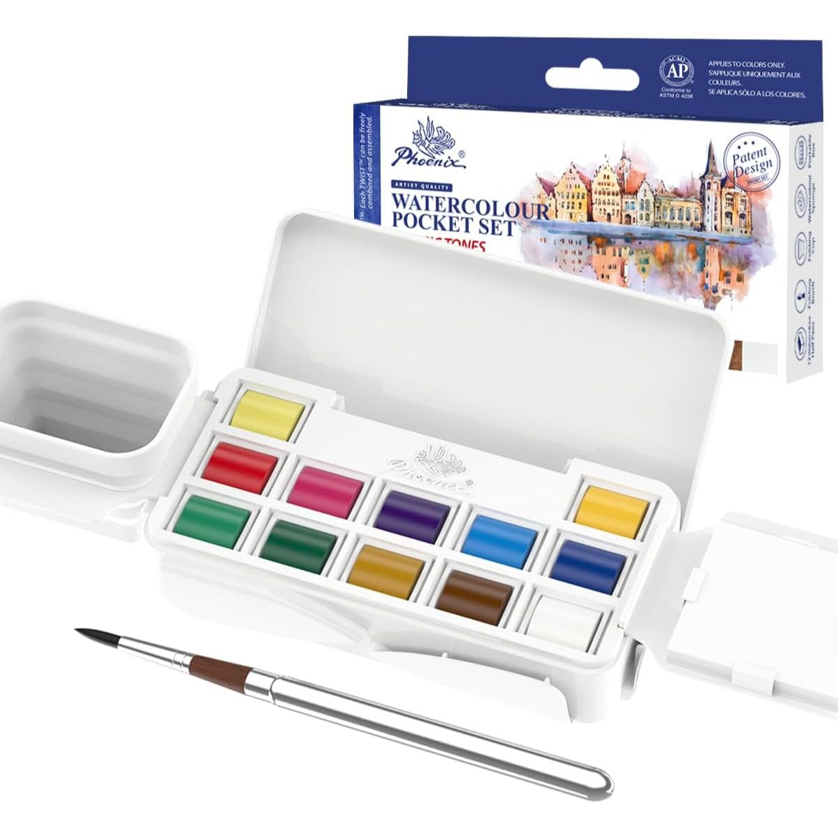Aquarela Pocket em Pastilha - 12 Cores - Phoenix - Classic Tones Phoenix