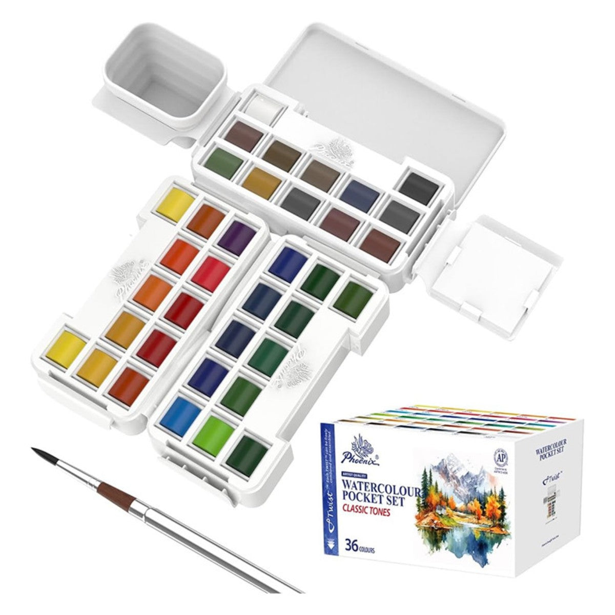 Aquarela Pocket em Pastilha - 36 Cores e 1 Pincel - Phoenix Phoenix