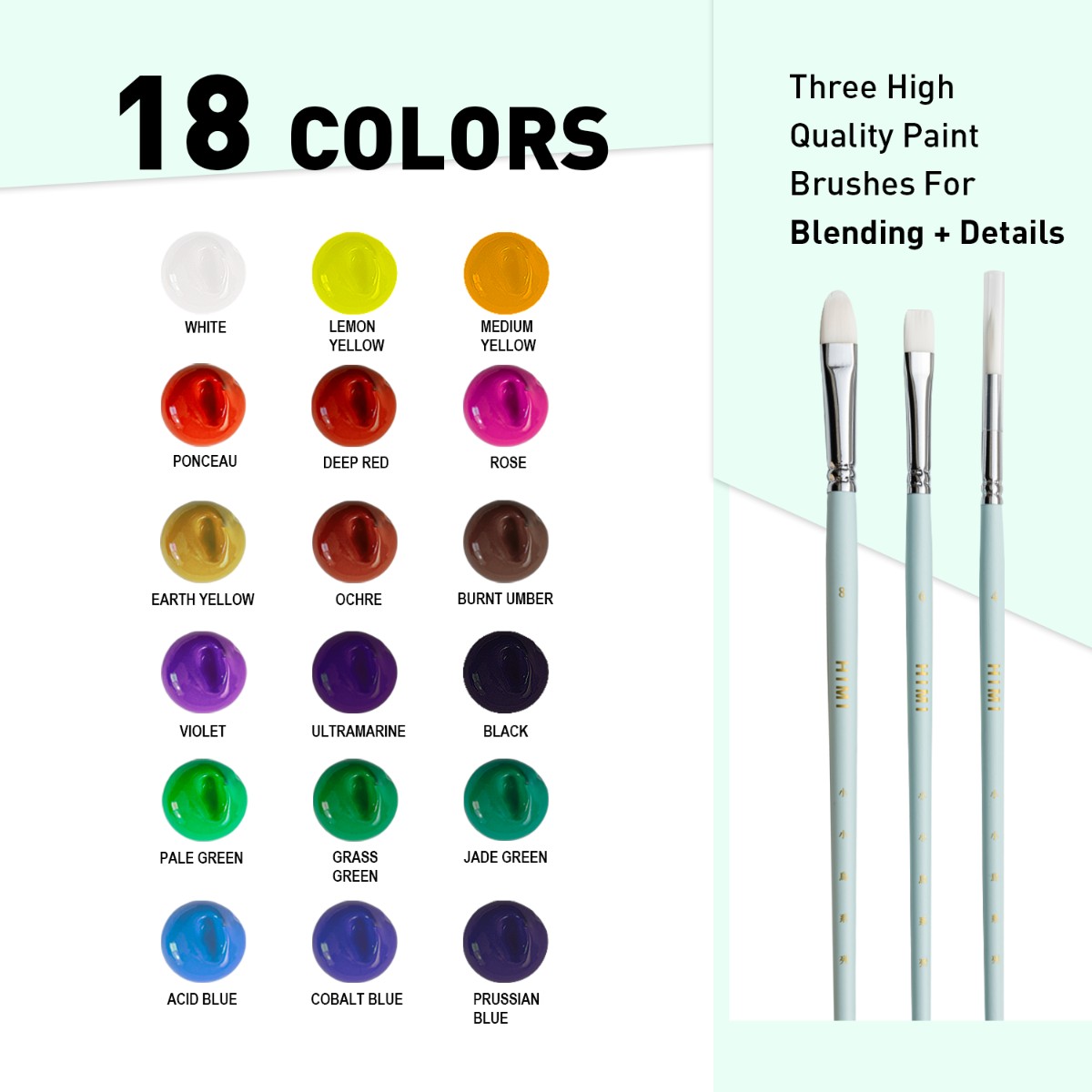 Tinta Guache HIMI 18 Cores 30ml - 3 Pincéis – Estojo Verde