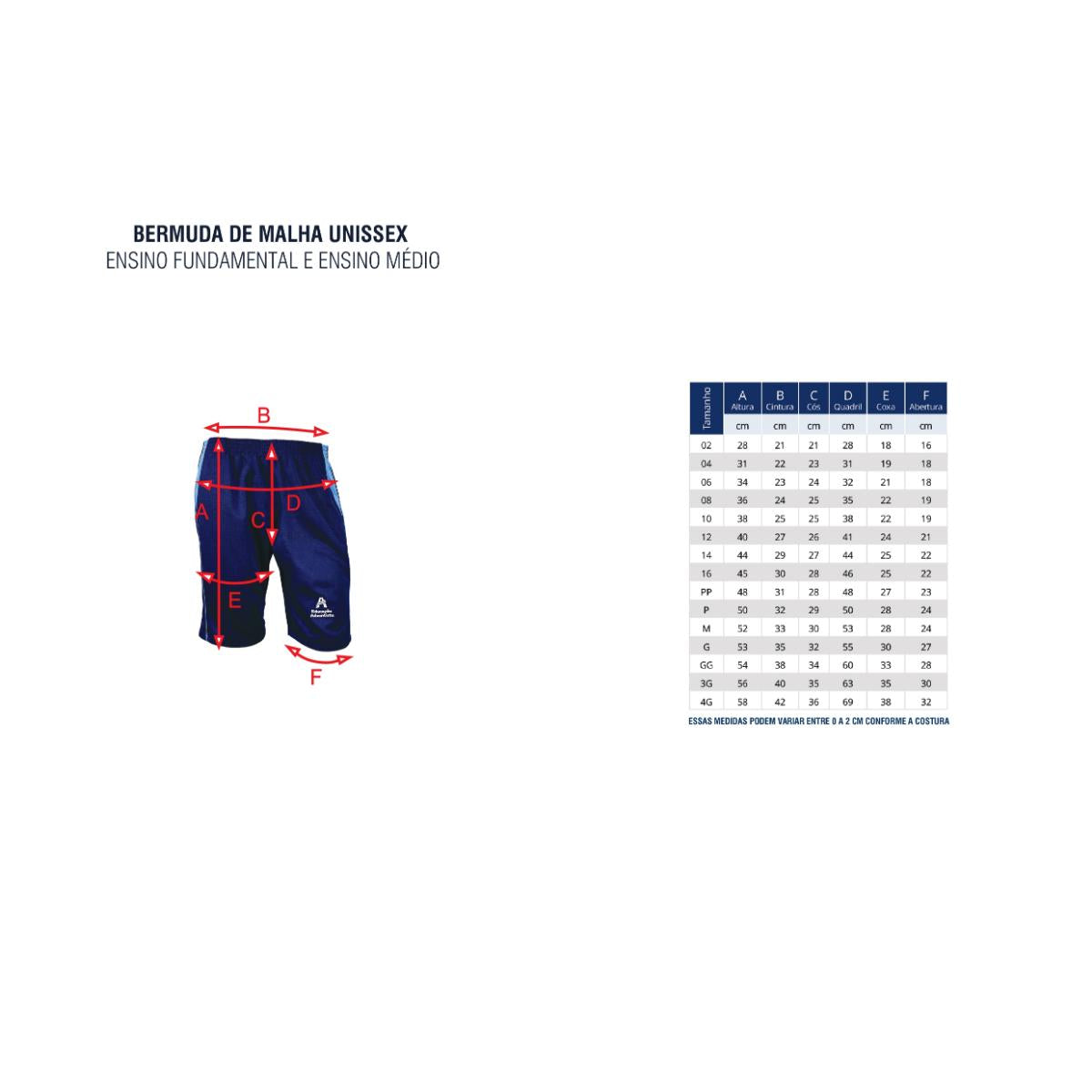 Bermuda de Malha - Uniforme Colegio Adventista - Unissex Livraria Skilo