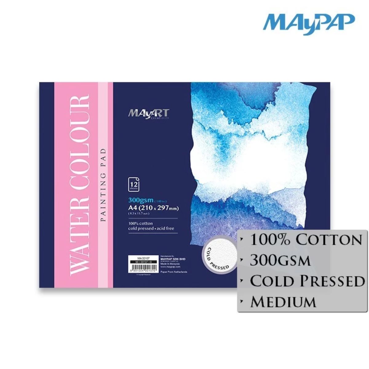 Bloco Aquarela MayArt A4 - 300g 12 folhas - 100% Algodão Cold Pressed Livraria Skilo