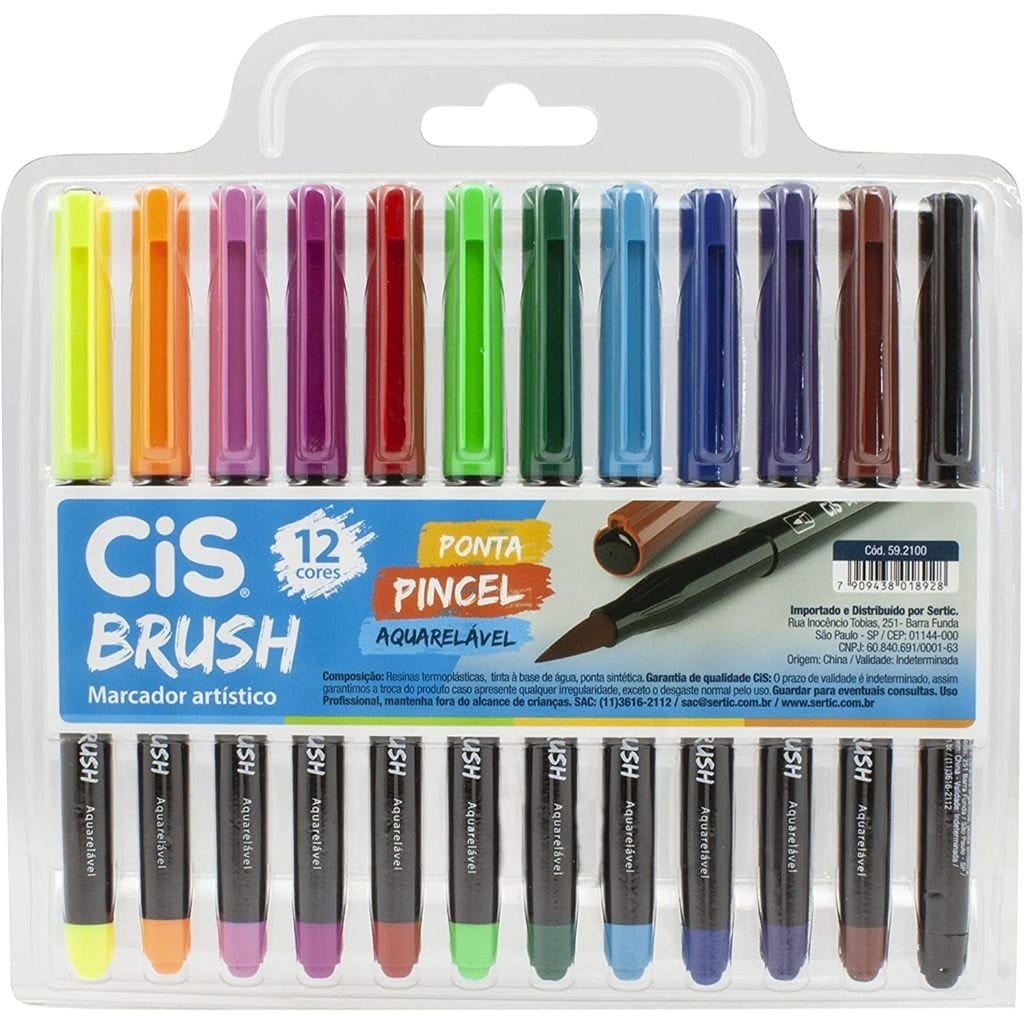 Caneta Cis Brush Pen Aquarelável - 12 Cores Cis