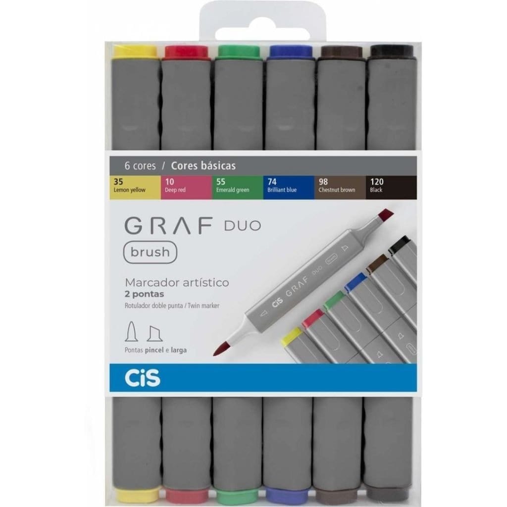 Caneta Cis Graf Duo Brush - Estojo com 6 Cores Básicas Cis