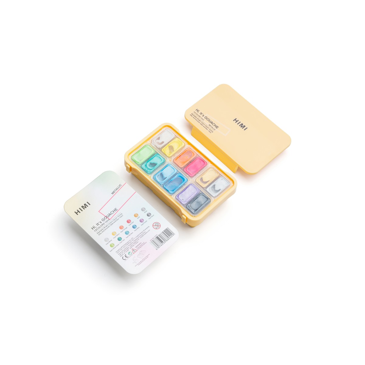 Tinta Guache HIMI 12 Cores Metálicas 12ml – Estojo Amarelo Himi