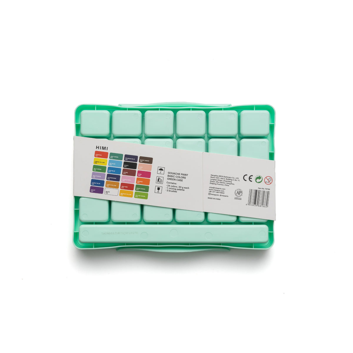 Estojo de Tinta Guache Himi - 24 Cores - 3 Pincéis - Verde HIMI