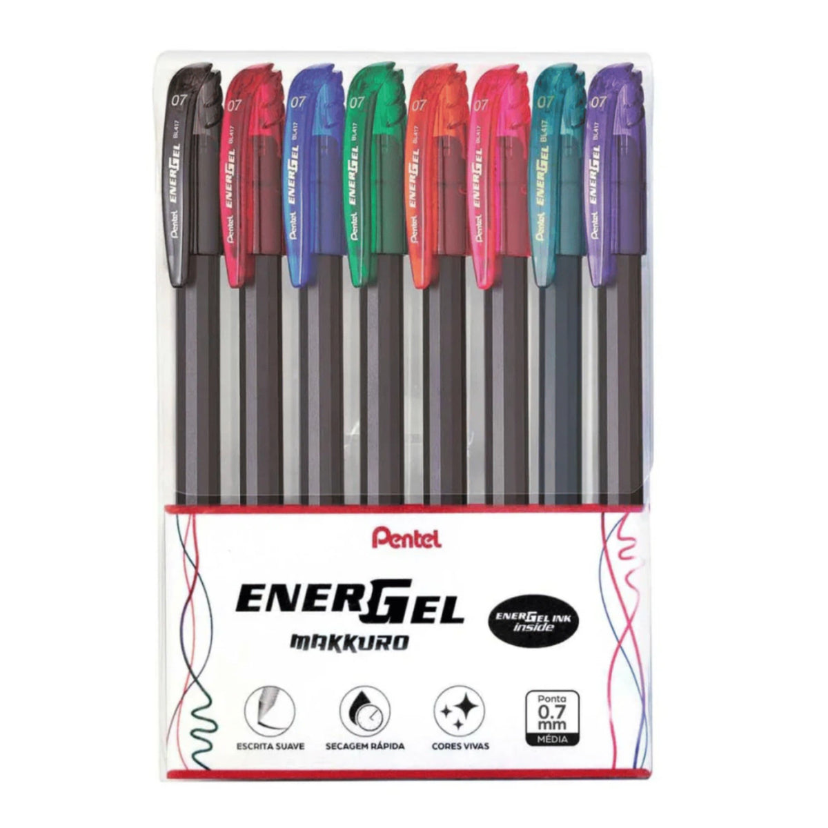 Kit Caneta Gel Pentel EnerGel Makkuro - 8 Cores - 0.7mm Pentel