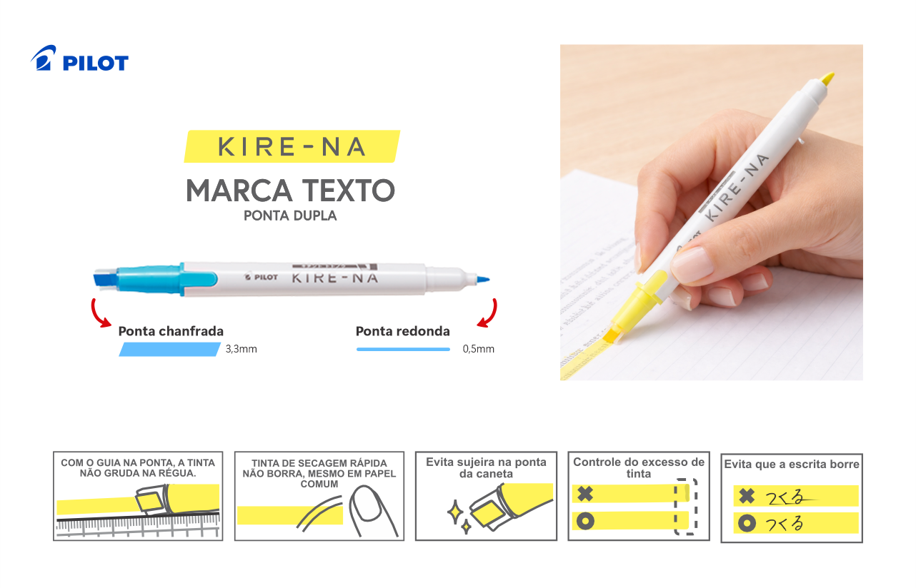 Marca Texto Pilot Kirena - Ponta Dupla - Kit com 5 Cores Pilot Marca Texto