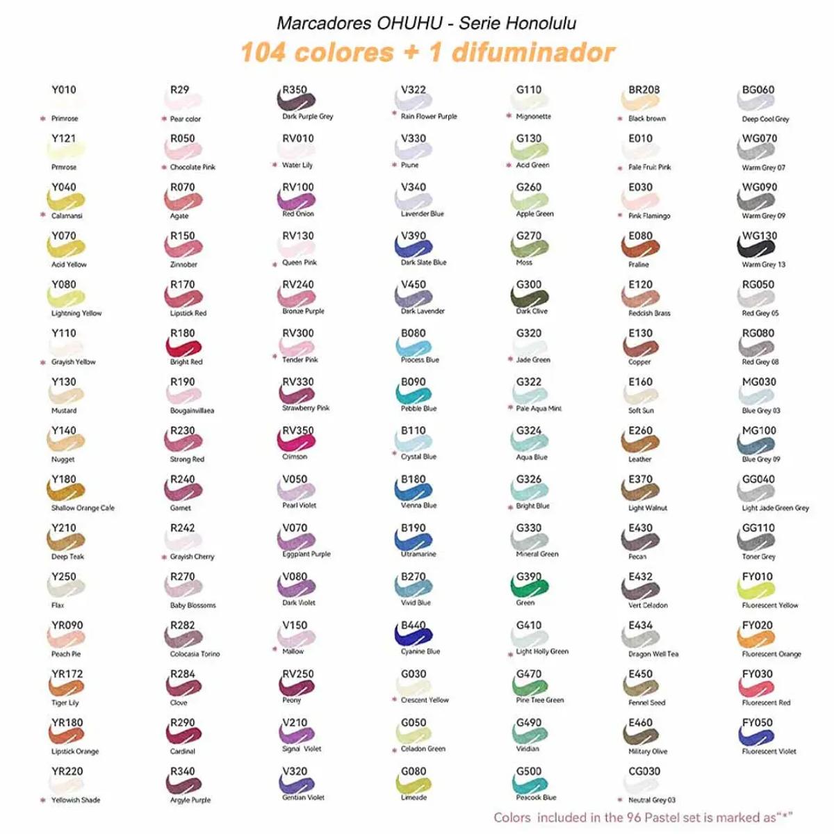 Marcador Ohuhu 104 Cores + 1 - Honolulu - Ponta Brush e Chanfrada Livraria Skilo