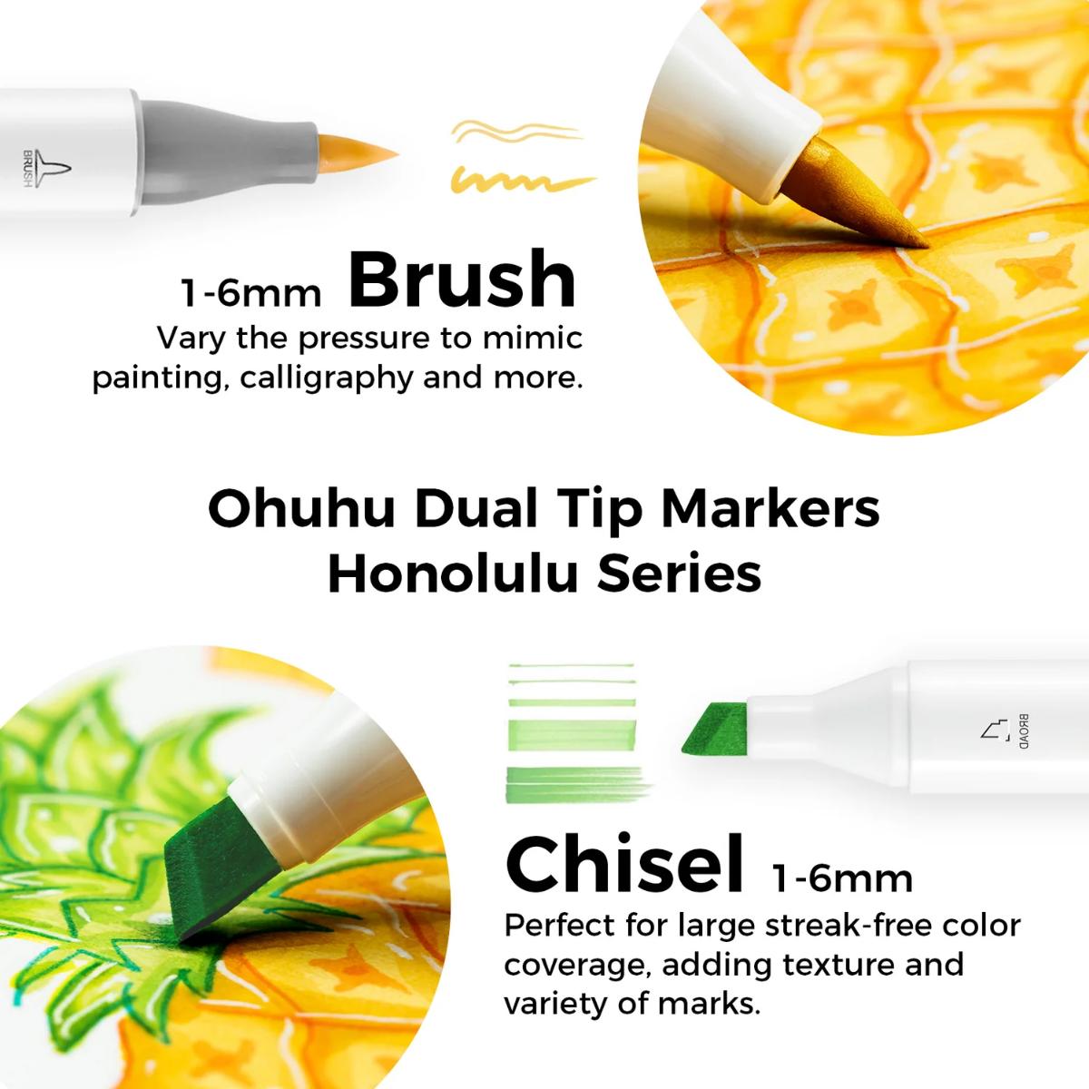 Marcador Ohuhu 168 Cores - Honolulu - Ponta Brush e Chanfrada Ohuhu