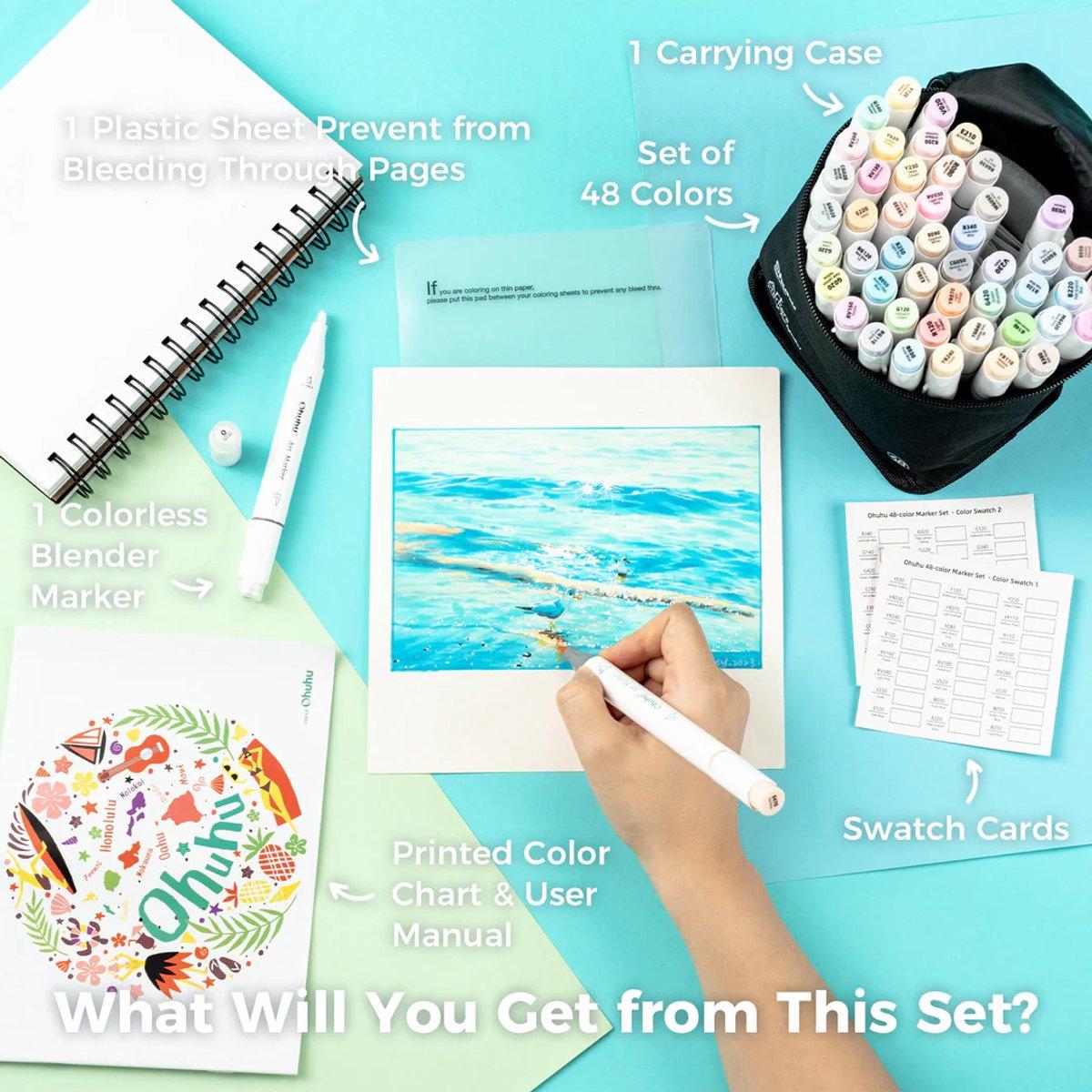 Marcador Ohuhu 48 Tons Pastel - Honolulu - Ponta Brush e Chanfrada Ohuhu