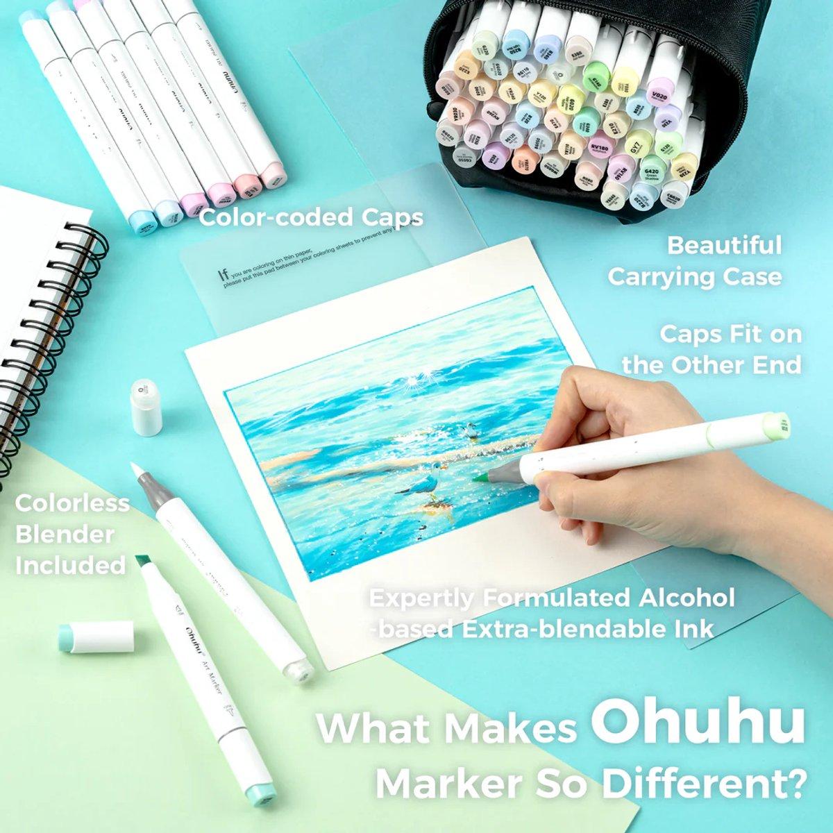 Marcador Ohuhu 48 Tons Pastel - Honolulu - Ponta Brush e Chanfrada Ohuhu