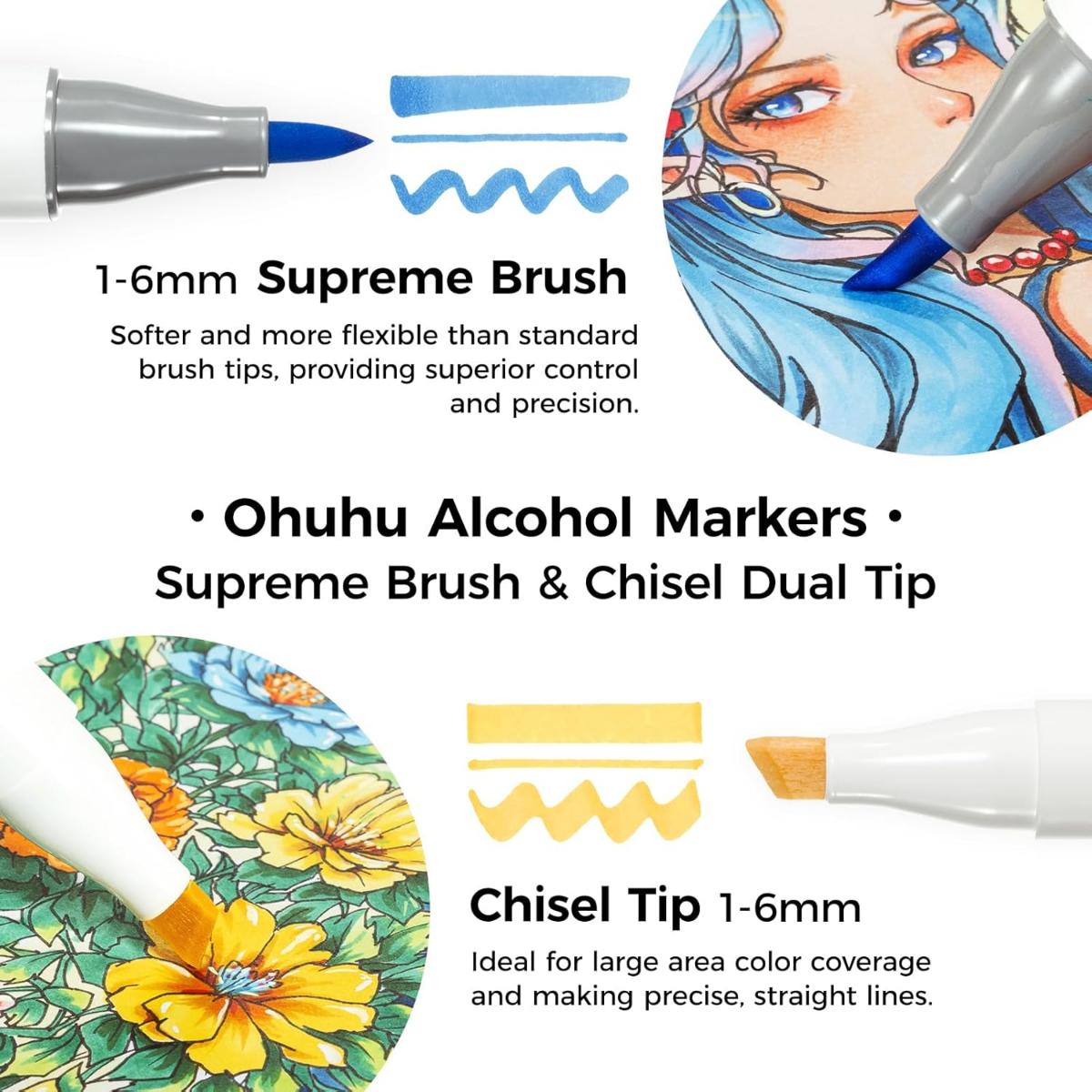 Marcador Ohuhu Honolulu Plus - 36 Cores - Ponta Brush Especial e Chanfrada Flexível Ohuhu