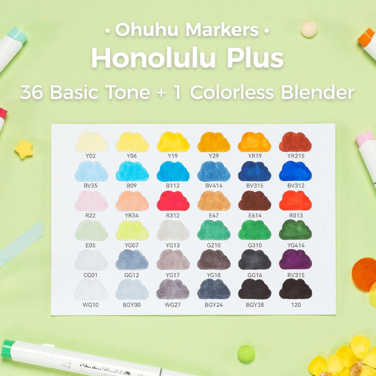 Marcador Ohuhu Honolulu Plus - 36 Cores - Ponta Brush Especial e Chanfrada Flexível Ohuhu