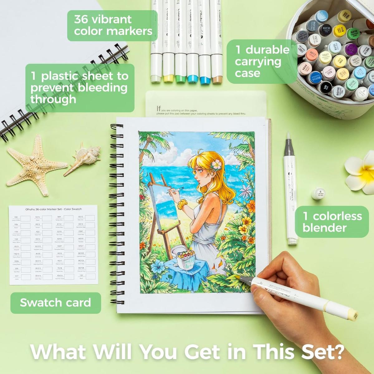 Marcador Ohuhu Honolulu Plus - 36 Cores - Ponta Brush Especial e Chanfrada Flexível Ohuhu