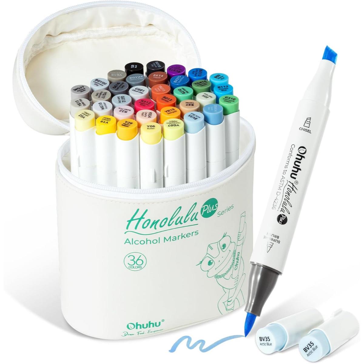 Marcador Ohuhu Honolulu Plus - 36 Cores - Ponta Brush Especial e Chanfrada Flexível Ohuhu