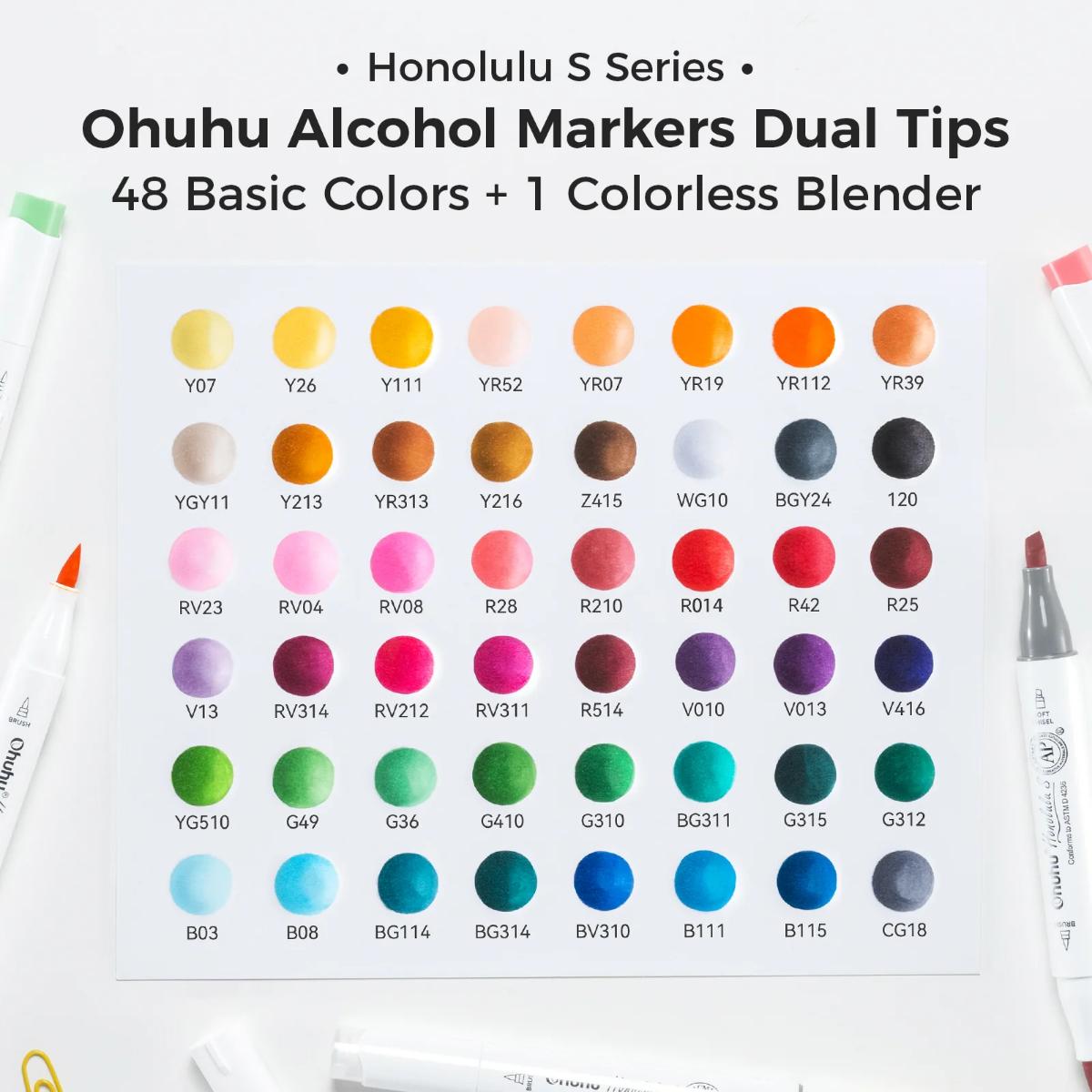 Marcador Ohuhu Honolulu S - 48 Cores - Ponta Brush e Chanfrada Soft Ohuhu