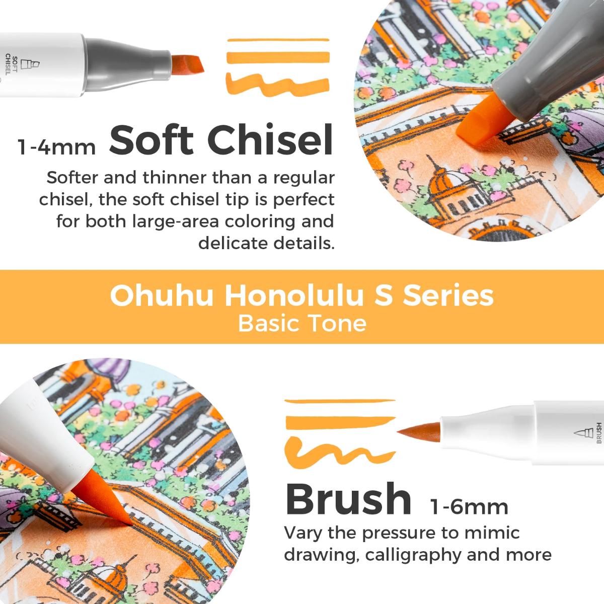 Marcador Ohuhu Honolulu S - 48 Cores - Ponta Brush e Chanfrada Soft Ohuhu