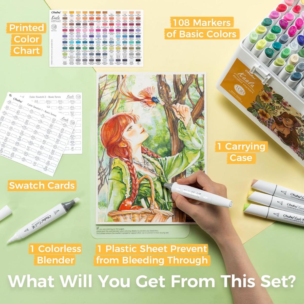 Marcador Ohuhu Kaala - 108 Cores - Ponta Fina e Chanfrada Slim Ohuhu