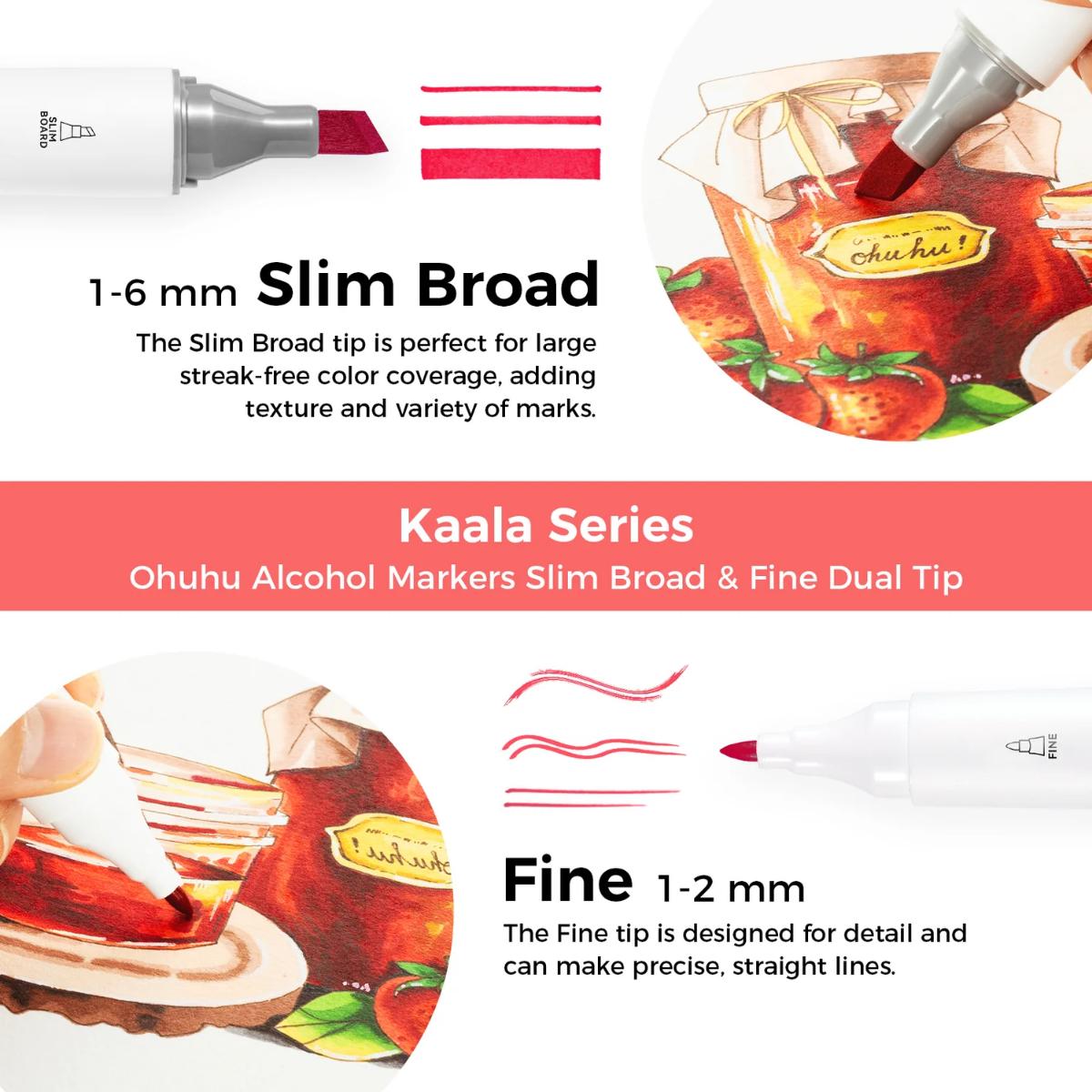 Marcador Ohuhu Kaala - 24 Cores Básicas - Ponta Chanfrada e Fina Ohuhu