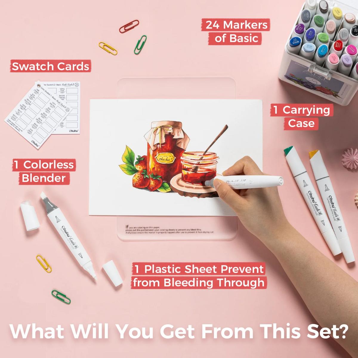 Marcador Ohuhu Kaala - 24 Cores Básicas - Ponta Chanfrada e Fina Ohuhu