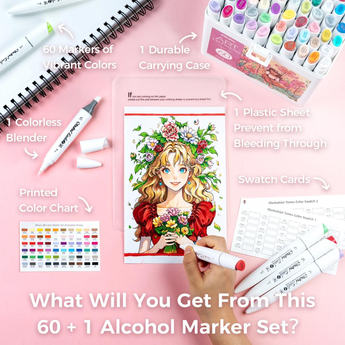 Marcador Ohuhu Kaala B - 60 Cores - Ponta Mini Brush e Chanfrada Slim Ohuhu