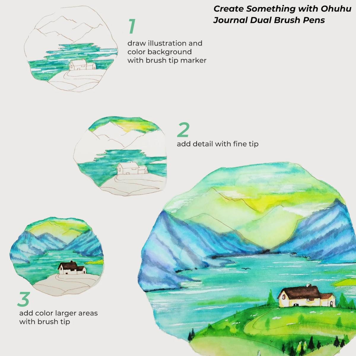 Marcador Ohuhu Maui - 120 Cores - Ponta Brush e Fineliner Ohuhu