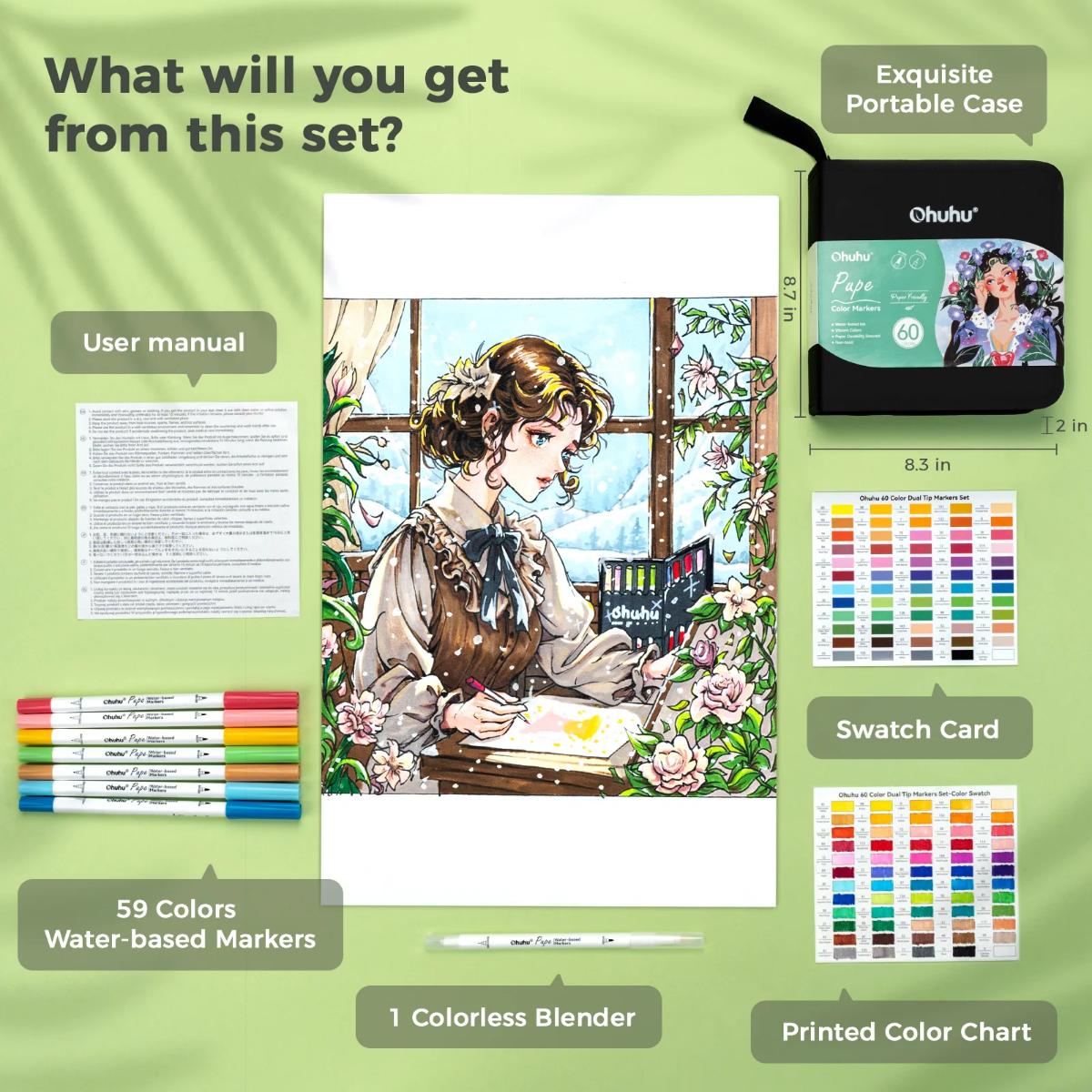 Marcador Ohuhu Pupe - 60 Cores - Ponta Brush e Fineliner Ohuhu