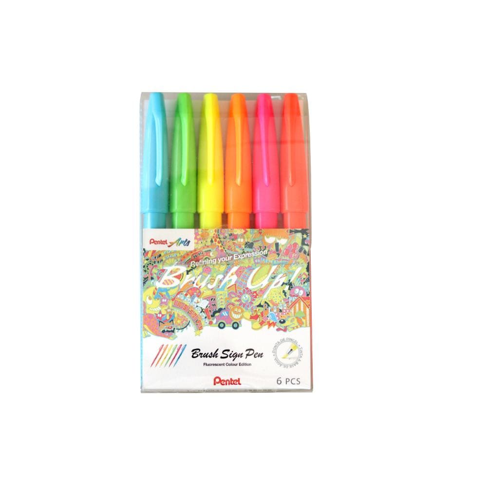 Pentel Brush Sign Pen - Kit com 6 Cores Fluorescentes Pentel