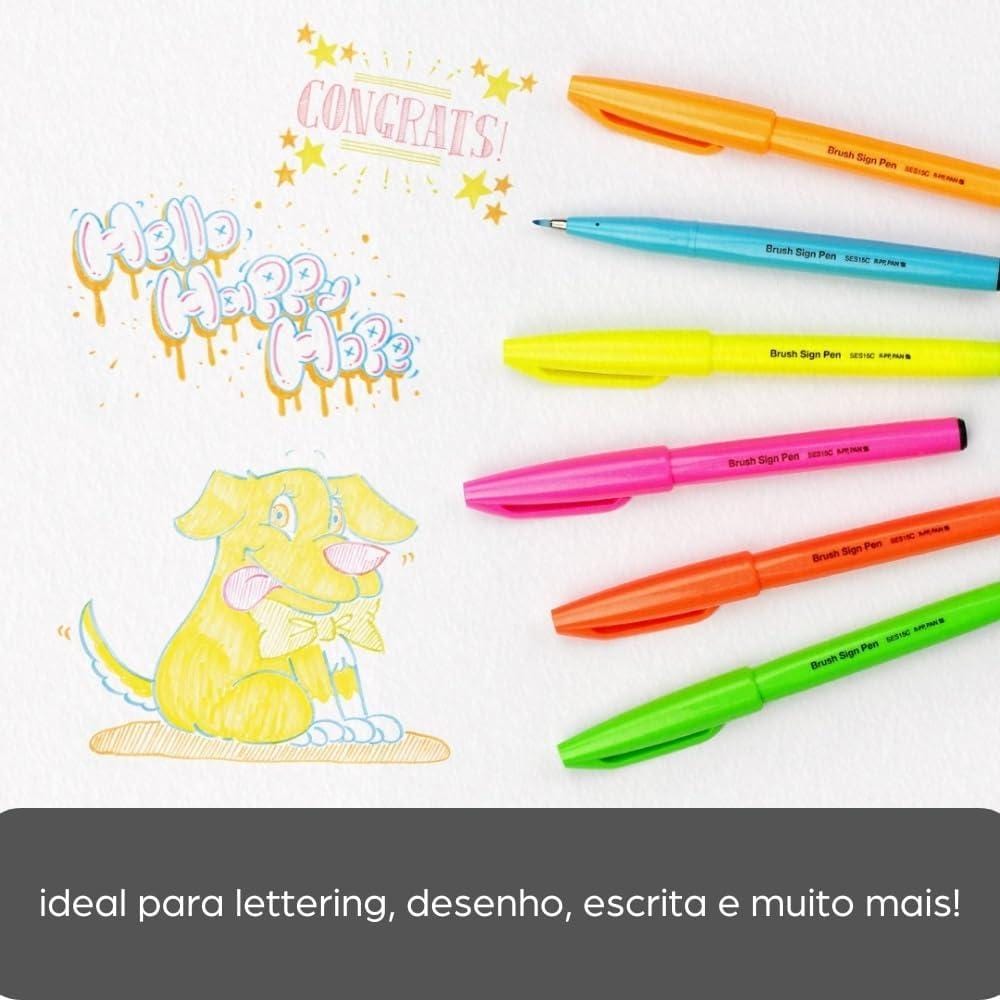 Pentel Brush Sign Pen - Kit com 6 Cores Fluorescentes Pentel