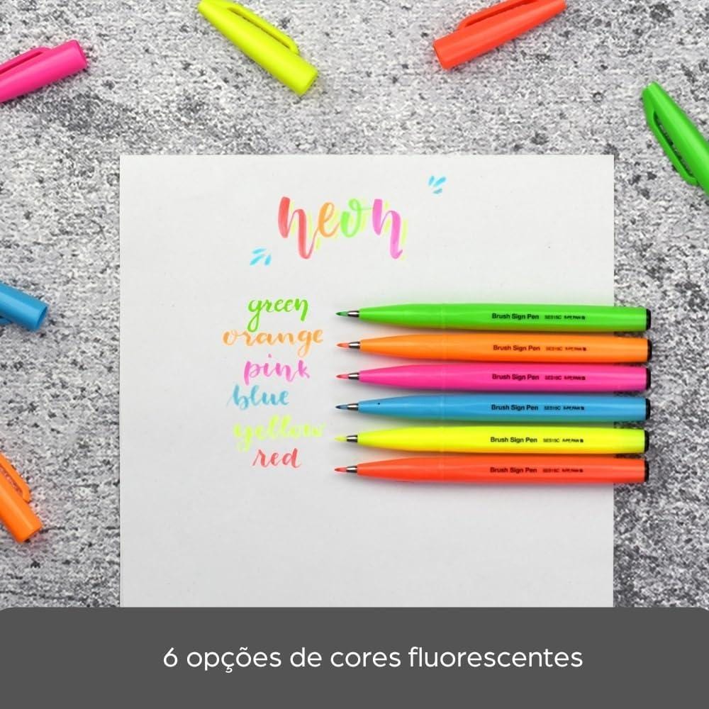 Pentel Brush Sign Pen - Kit com 6 Cores Fluorescentes Pentel
