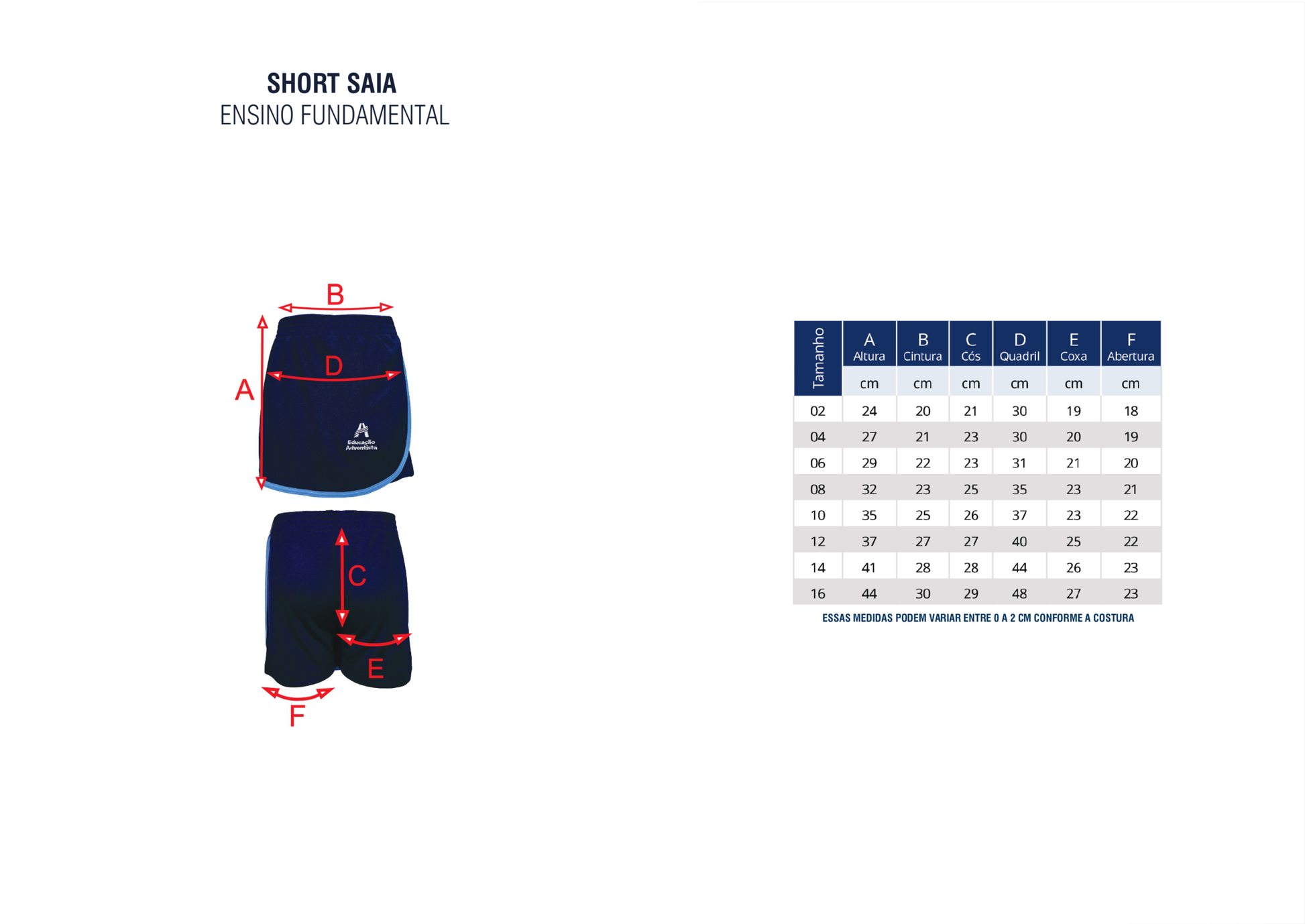 Shorts Saia Ensino Fundamental - Uniforme Colegio Adventista Livraria Skilo