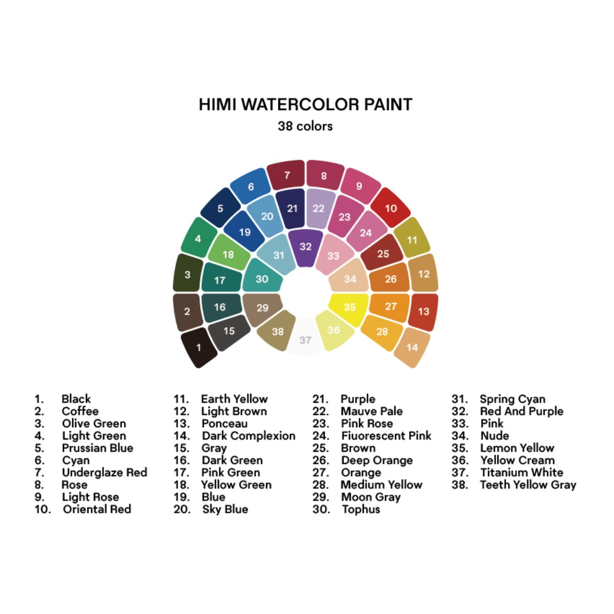 Tinta Aquarela HIMI 38 Cores Sólida com Pincel Himi