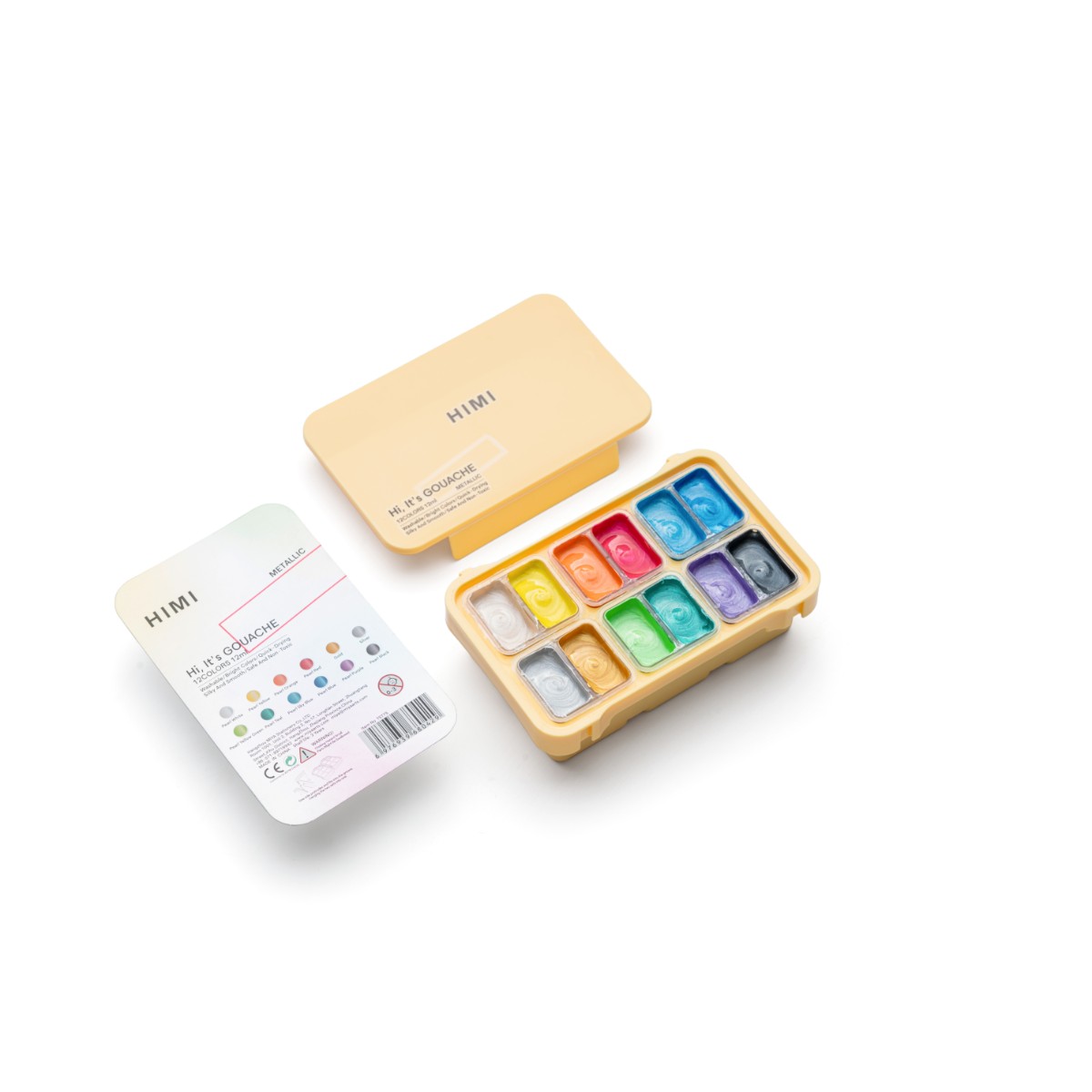 Tinta Guache HIMI 12 Cores Metálicas 12ml – Estojo Amarelo Himi