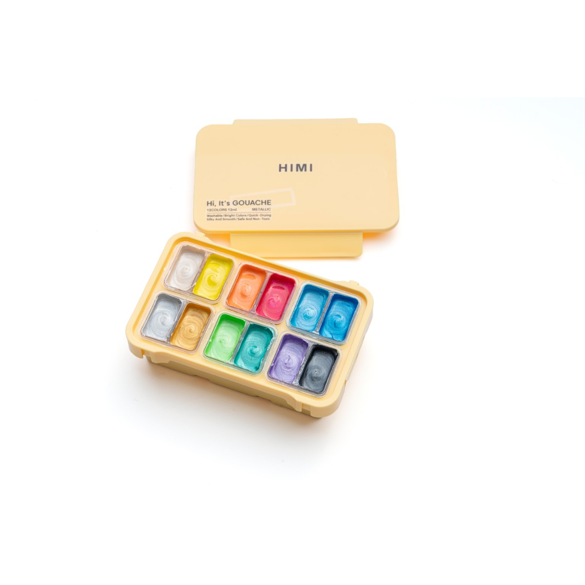 Tinta Guache HIMI 12 Cores Metálicas 12ml – Estojo Amarelo Himi