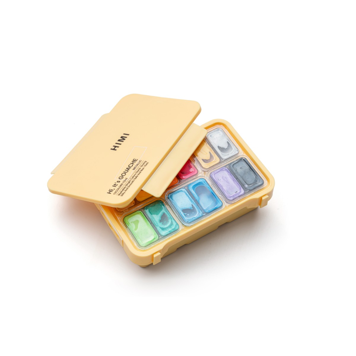 Tinta Guache HIMI 12 Cores Metálicas 12ml – Estojo Amarelo Himi