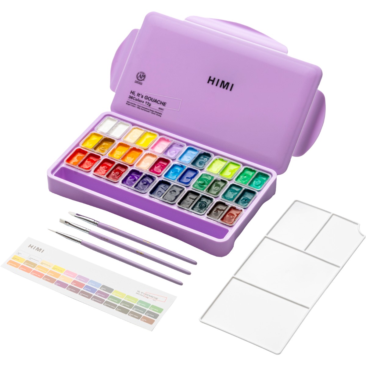 Tinta Guache HIMI 36 Cores 30ml - 3 Pincéis – Estojo Roxo Himi