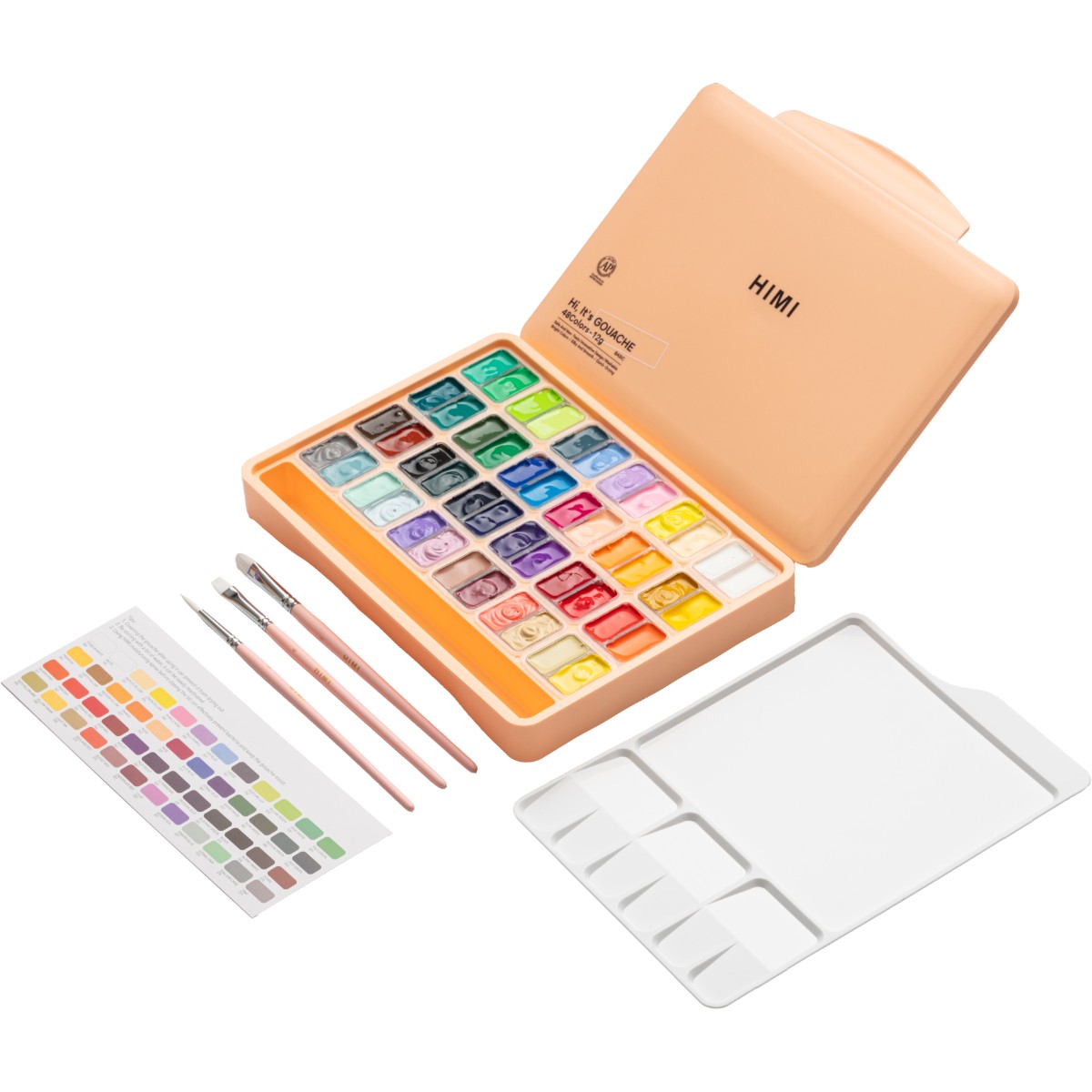 Tinta Guache HIMI 48 Cores 30ml - 3 Pincéis – Estojo Pêssego Himi